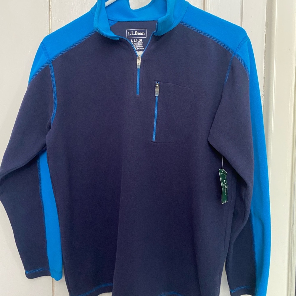 LLBean Blue Fleece Pullover size kids L 14-16 NWT